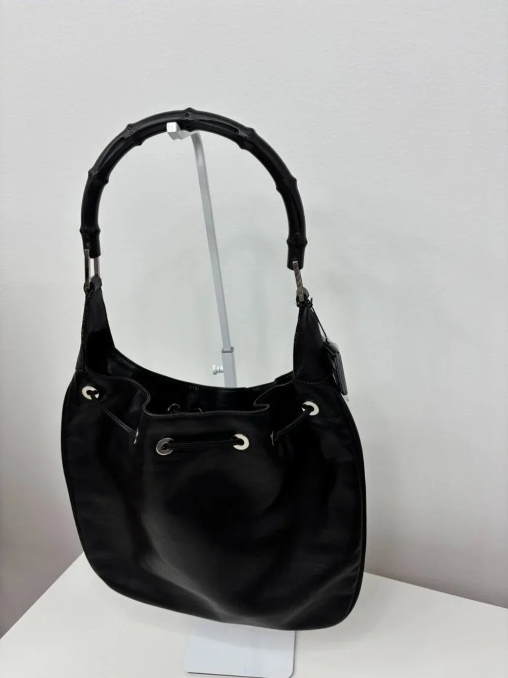 Vintage Gucci Black Leather Bamboo Hobo Bag